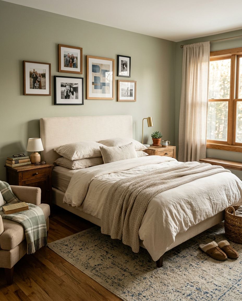 Warm, beautifully designed primary bedroom in a couple's home