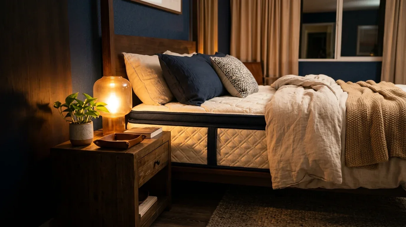 Premium mattress in a warmly lit bedroom