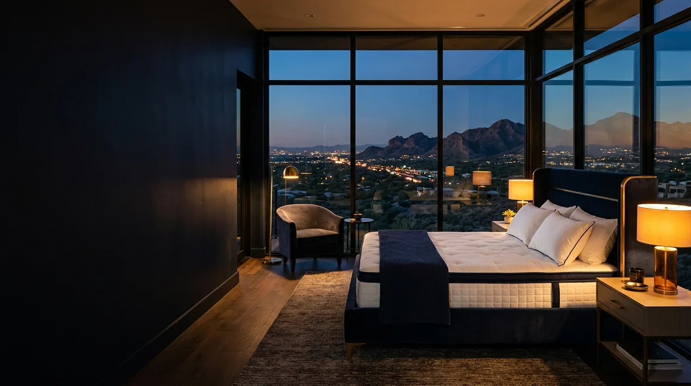 Luxury bedroom overlooking Scottsdale at dusk